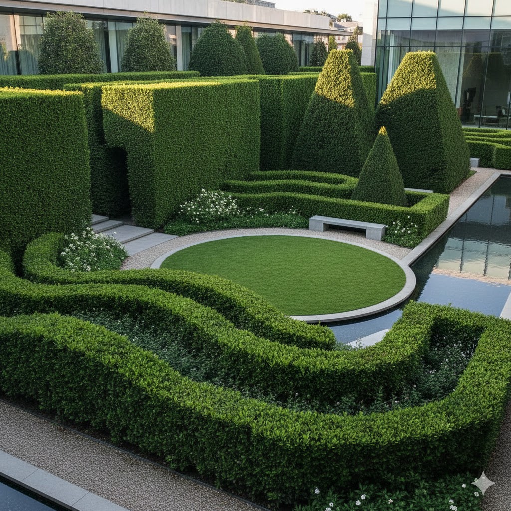 Professionellt beskurna häckar i modern trädgård