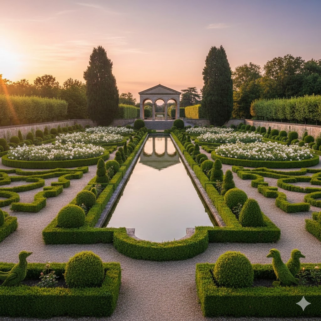 Formklippta buskar i symmetrisk design