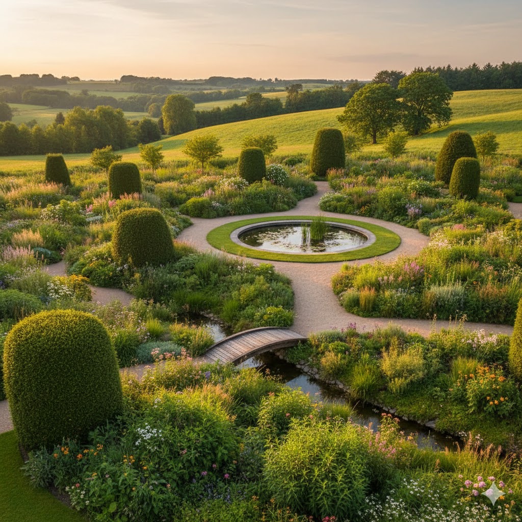 Naturlig trädgård med beskurna prydnadsväxter