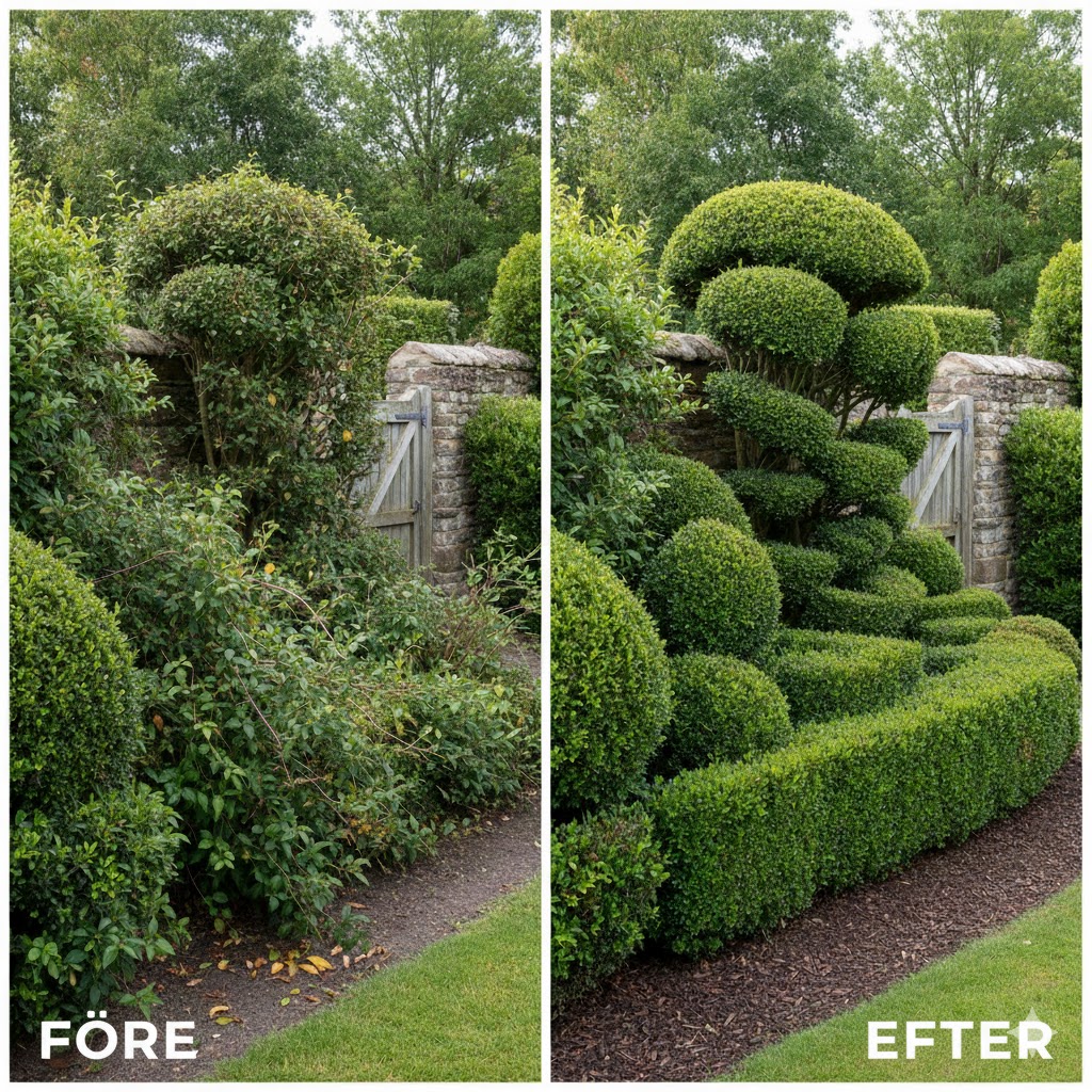 Före och efter beskärning av buskar